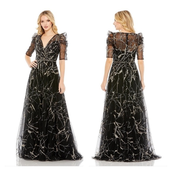 Mac Duggal 20428 NWT EMBELLISHED GATHERED PUFF SLEEVE FAUX WRAP GOWN - Picture 1 of 10